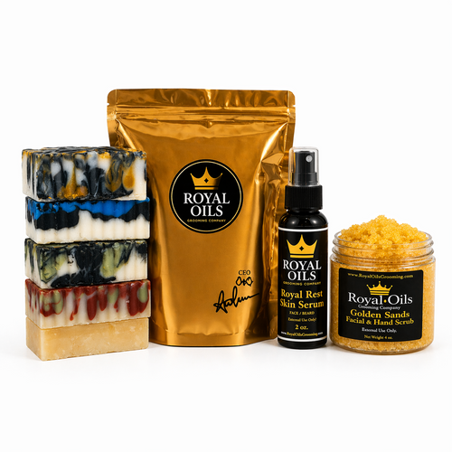 Royal Oils Royal Treatment Package with artisan soaps, Royal Rest Skin Serum and Golden Sands scrub